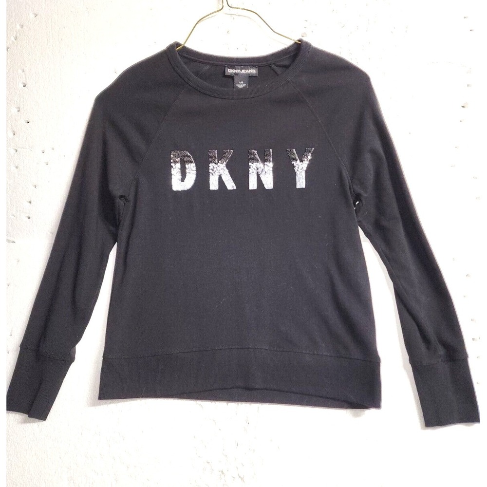 DKNY Sweater Women Large Black Pullover Sequins Logo Raglan Sleeve